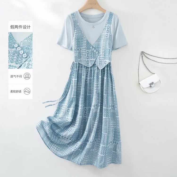 IHIMI/海谧【忘忧】2025夏季新款女装气质百搭假两件拼接马甲连衣裙