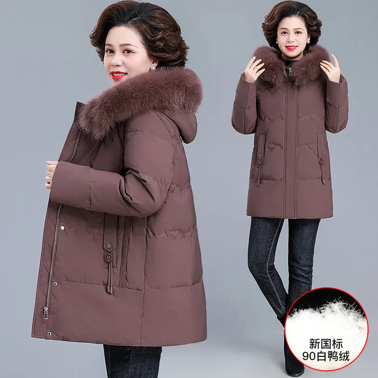 妈妈冬装羽绒服中长款时尚连帽外套中老年女士冬季大毛领棉袄保暖