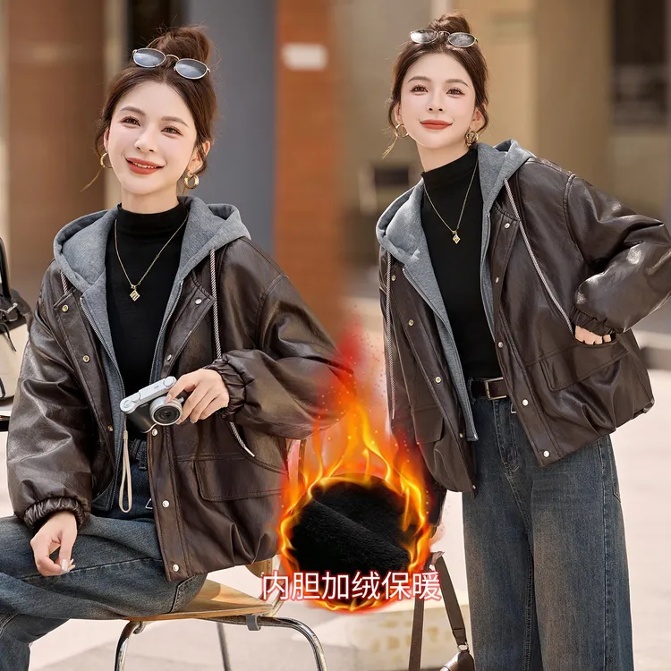覆古假两件连帽皮衣女2025年秋冬季新款短款休闲百搭加绒夹克外套