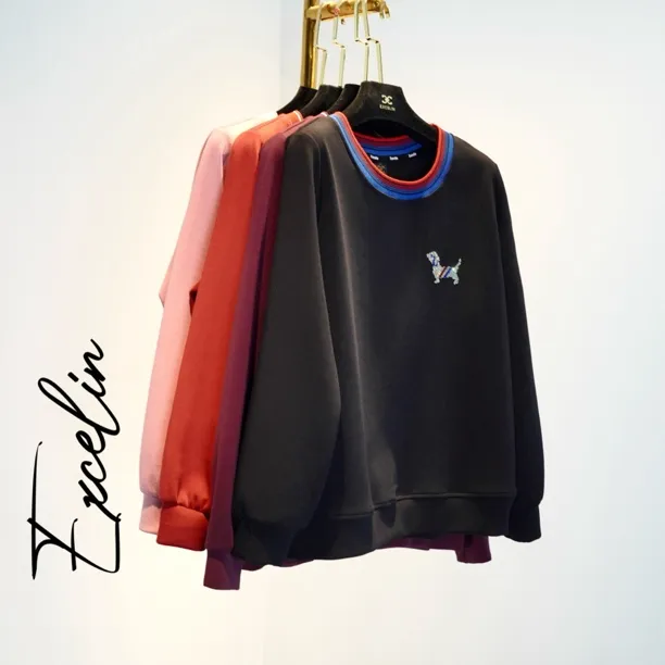 【小狗纯色圆领卫衣】秋季休闲正肩显瘦重工弹力卫衣套头无帽女上衣