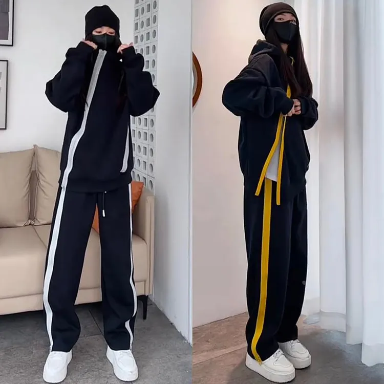 秋季爆款斜拉链设计时尚运动套装男潮流宽松百搭外套直筒裤两件套