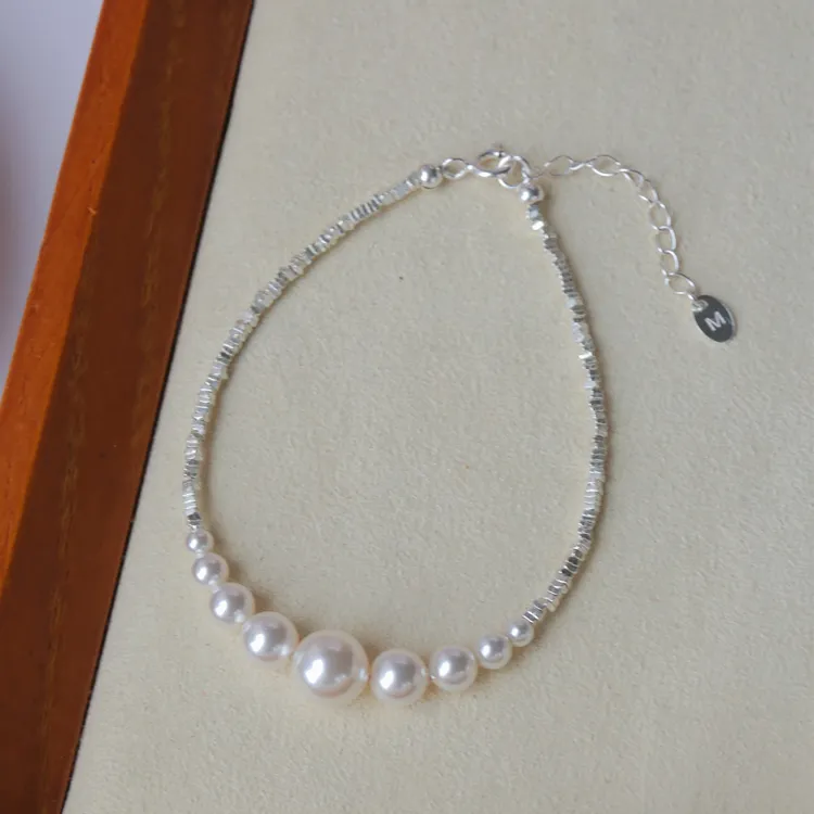 925银手链 碎银子贝珠手链正圆精致高级感手饰七夕送女友项链首饰