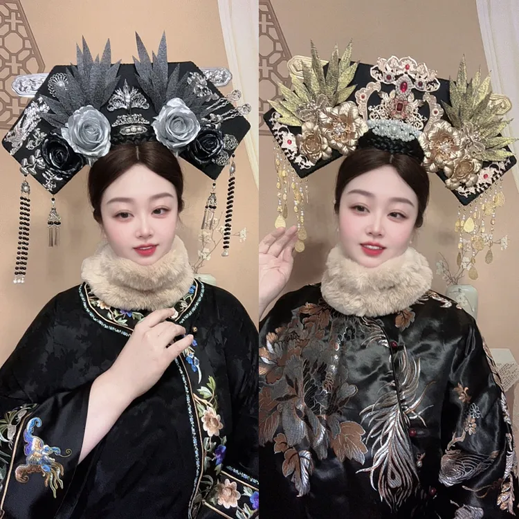 手工旗头清朝后宫妃子发饰品流苏发簪大拉翅拍照写真直播暗黑娘娘