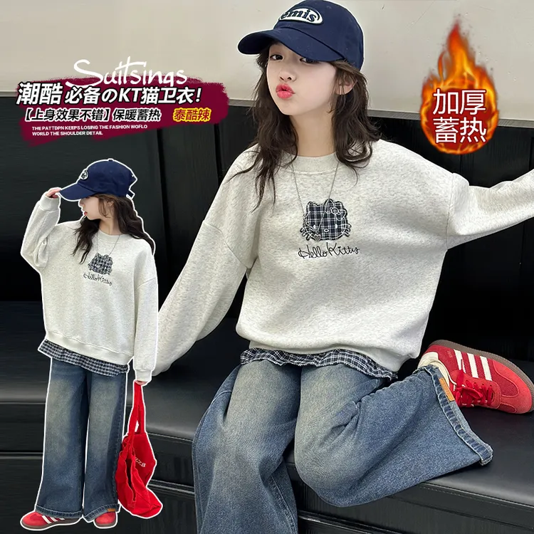 女童假两件长袖卫衣刺绣加厚小猫卡通绣花圆领秋冬装韩版宽松上衣
