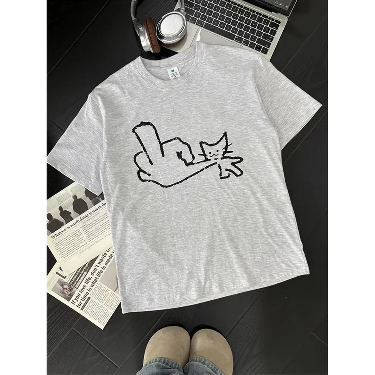 夏季新款趣味设计感创意小猫印花短袖T恤男女320g重磅纯棉上衣潮