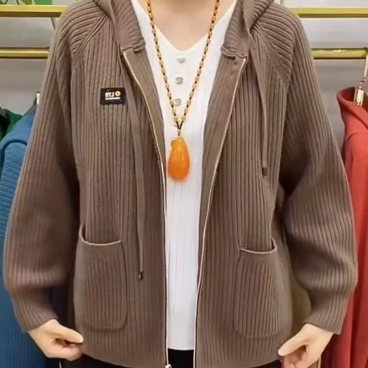 时尚休闲风连帽开衫针织衫女装秋季新款保暖纯色宽松显瘦双兜外套