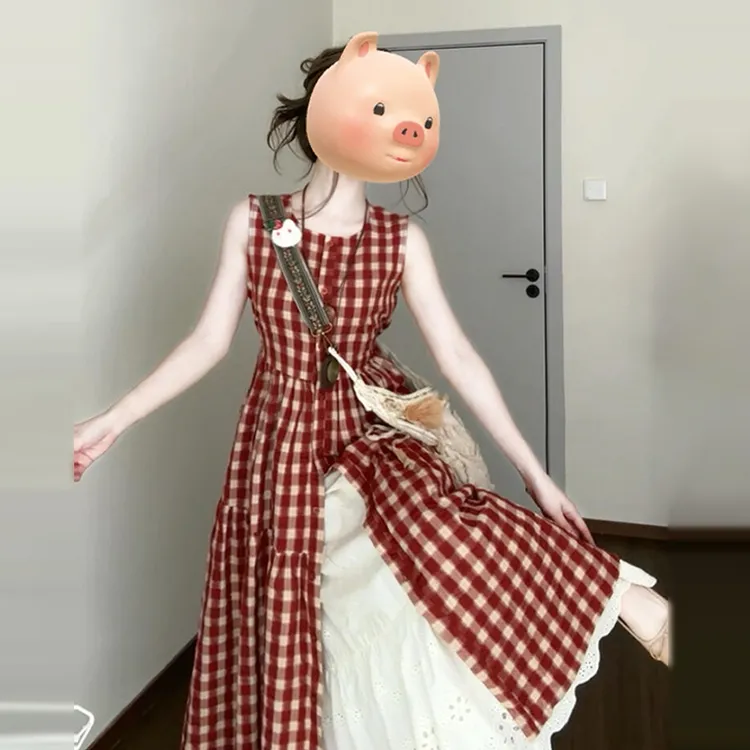 【现货+运贴5米】2025初夏长裙红色无袖背心衬衫格子连衣裙子女2033