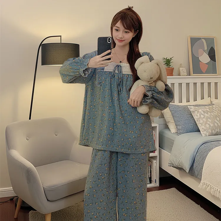 炸姐大码带胸垫睡衣女秋季2025新款方领碎花甜美可外穿家居服套装