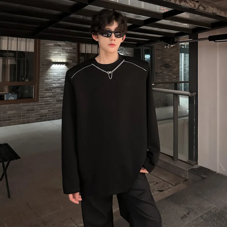 黑色美式正肩长袖T恤男款秋季痞帅设计感上衣宽松休闲内搭打底衫