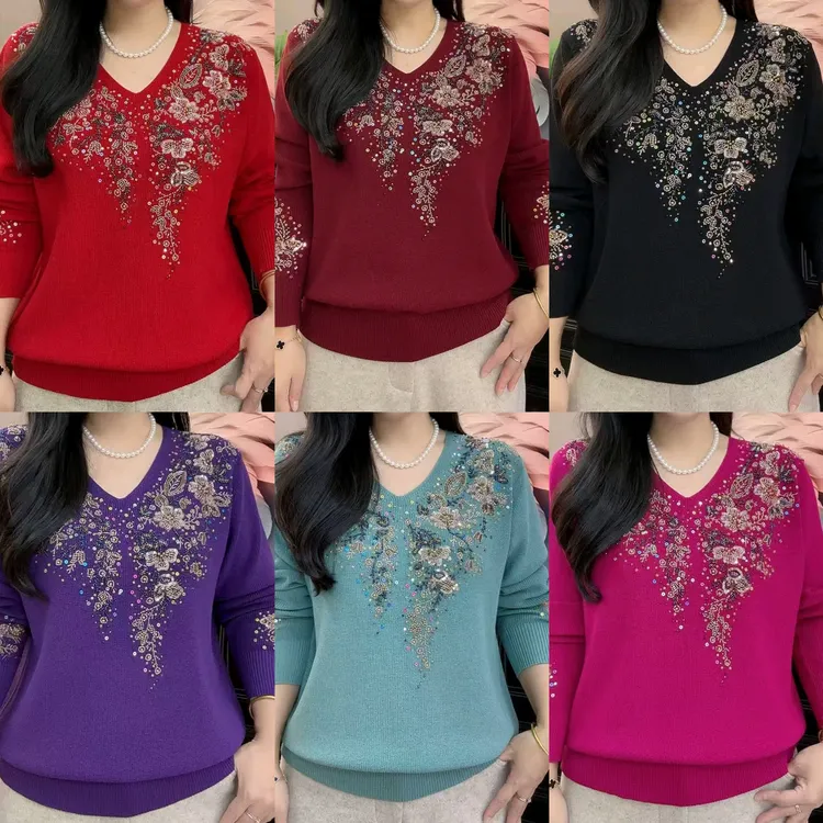 时尚新款穿珠百搭针织焦麻衫