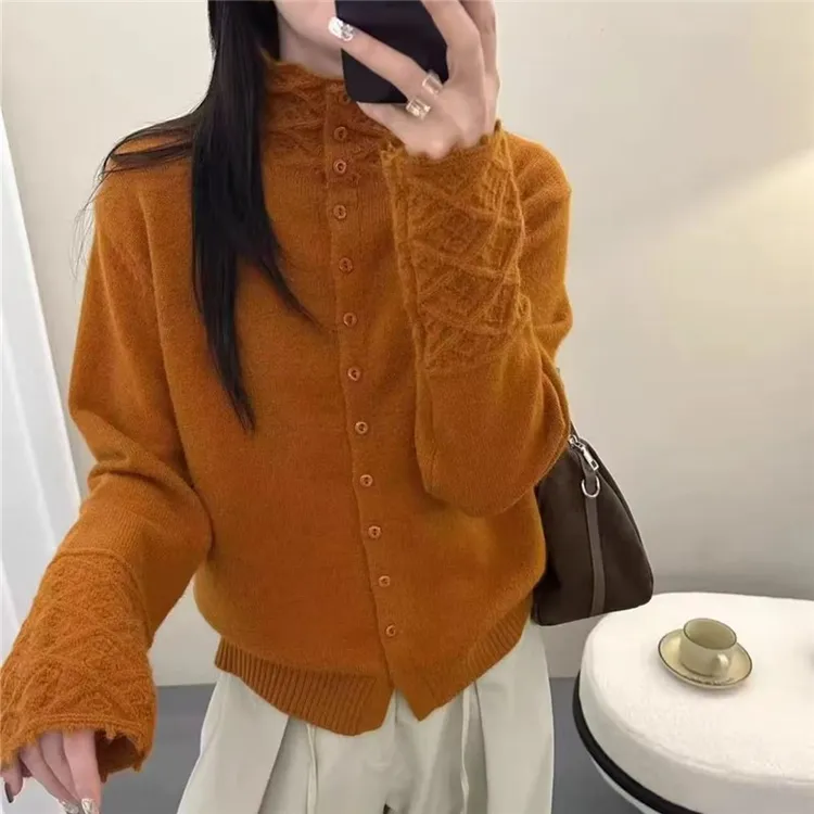 韩系减龄镂空花边高领针织开衫秋冬新款软糯舒适显瘦宽松百搭上衣