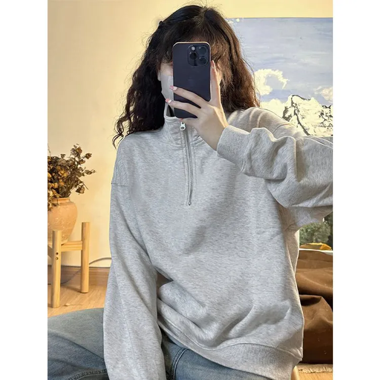 美式穿搭白灰色Polo领卫衣女秋冬新款加绒加厚宽松半拉链外套上衣