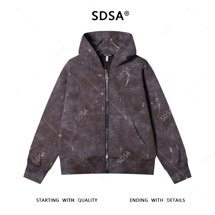 SDSA男士秋冬新款痞帅男装休闲国潮复古滴胶拉链连帽卫衣百搭舒适
