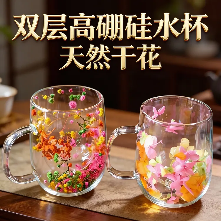 永生花系列冬日暖阳耐热防烫高硼硅玻璃双层干花马克杯（拍一发二）