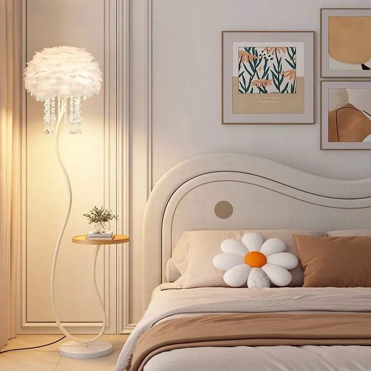 奶油风水晶羽毛落地灯客厅边几沙发旁边置物茶几卧室床头立式台灯