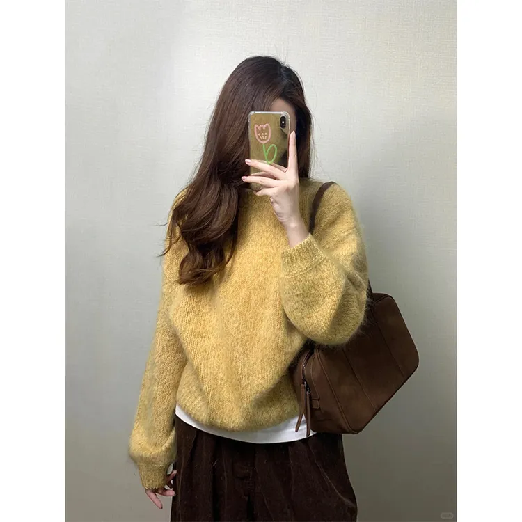 日系温柔风通勤百搭春秋慵懒风软糯针织长袖上衣休闲直筒阔腿裤子