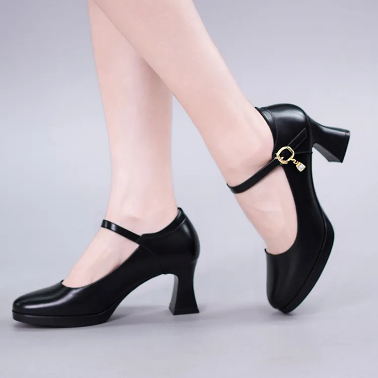 方根高跟鞋百搭职业真皮走秀专用高跟鞋工作鞋子