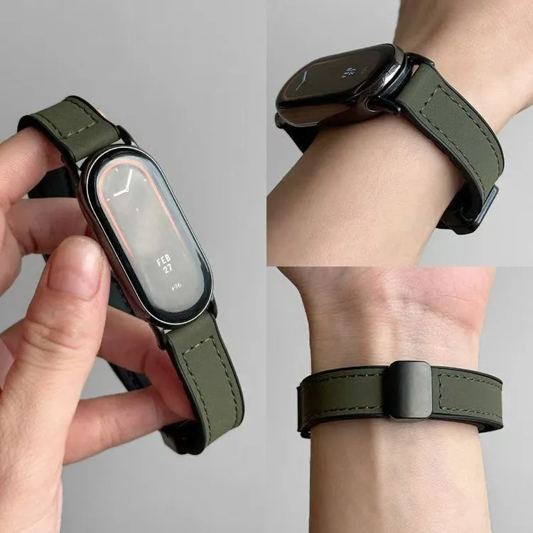 适用小米手环9疯马皮表带小米10代腕带8磁吸扣9NFC运动贴皮替换带