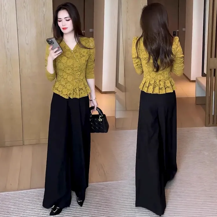 设计感V领蕾丝衫套装女2025秋季新款时尚洋气百搭两件套修身显瘦