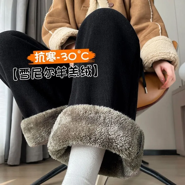 胖MM大码300斤羊羔绒阔腿裤女秋冬季加绒加厚宽松休闲直筒长裤潮