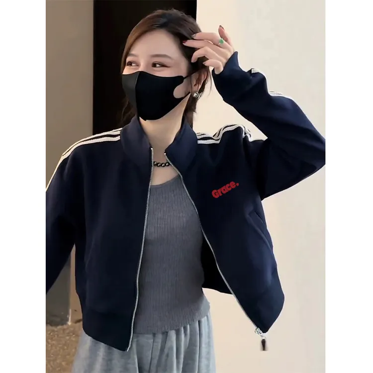 清仓捡漏~藏青色立领开衫卫衣外套女2025春秋新款三条杠宽松百搭