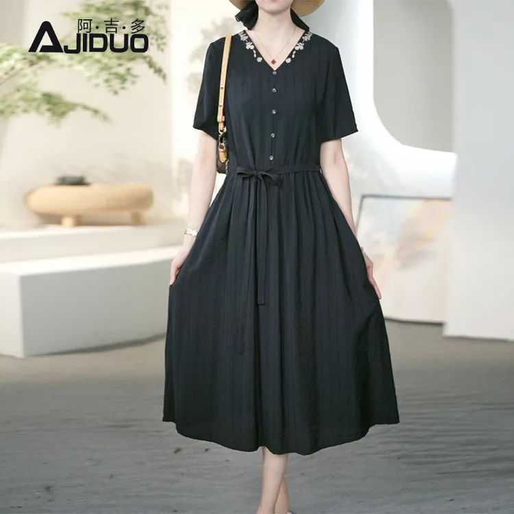 A21790阿吉多高档绣花连衣裙女夏季新款系带收腰长裙洋气妈妈裙子