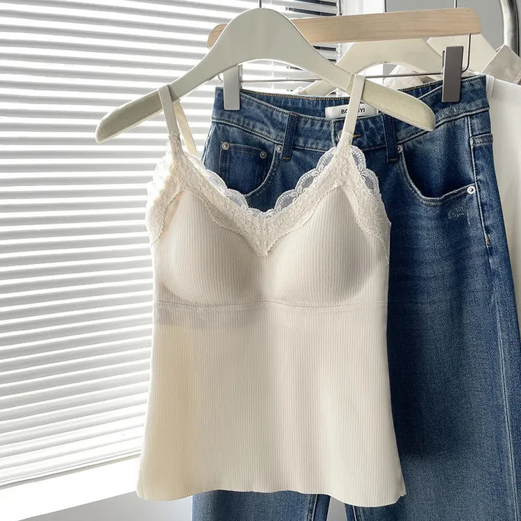 性感蕾丝吊带自带胸垫文胸背心女秋冬款磨毛加绒保暖内搭打底上衣