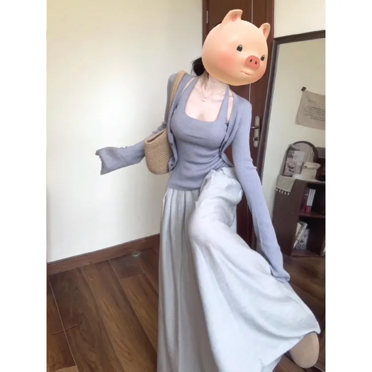 现货 针织开衫外套女秋季长袖薄款挂脖背心紫色设计感两件套装女