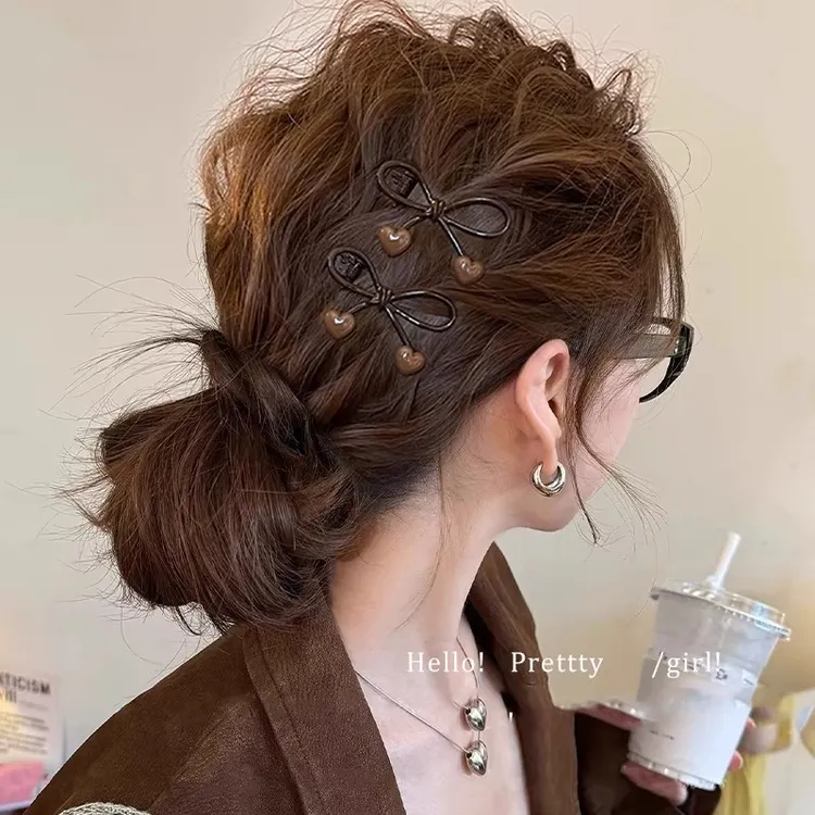 蝴蝶结发夹女咖色爱心边夹侧边前额发卡2025新款刘海夹子高端头饰商品图