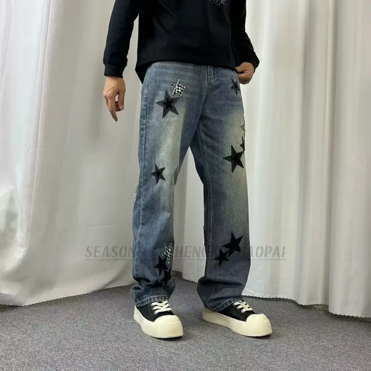 巴黎美式风轻奢潮牌克罗星星直筒牛仔裤高街潮流网红款