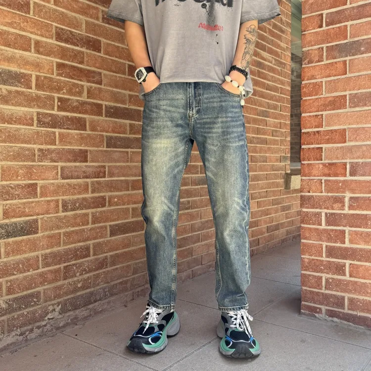 2025美式潮牌刺绣复古水洗破洞补丁乞丐牛仔裤男宽松直筒长裤裤子