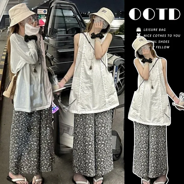 孕妇套装白色木耳边中长无袖背心上衣碎花阔腿九分裤夏季两件套潮