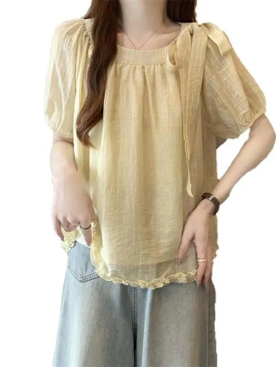 别致木耳边短袖衬衫女2025夏季大码胖mm巨显瘦遮肚韩系娃娃衫上衣