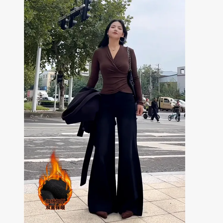 复古微阔腿裤加绒加厚高腰显瘦筒喇牛仔裤弹力保暖舒适长裤女百搭