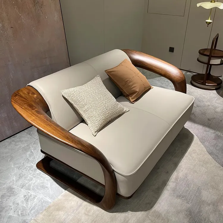 高级感小户型沙发客厅北美黑胡桃木真皮沙发2025新款飘带实木沙发