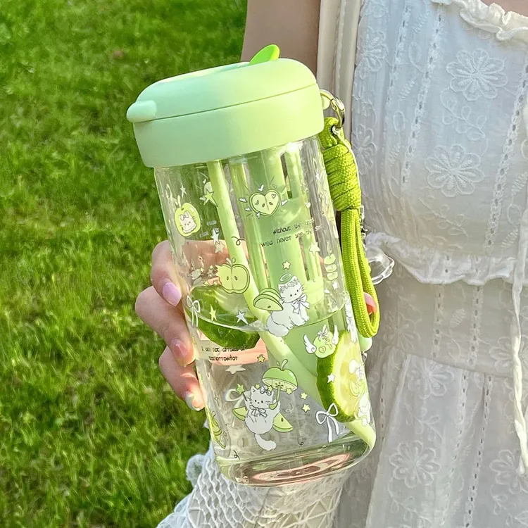 恒度青苹果小猫茶水分离玻璃水杯女生大容量夏天学生吸管咖啡杯子