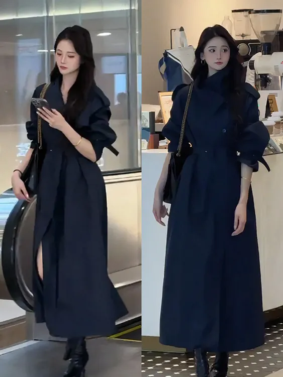 大码胖MM韩系小众气质中长款长袖上衣女秋季宽松显瘦立领风衣外套