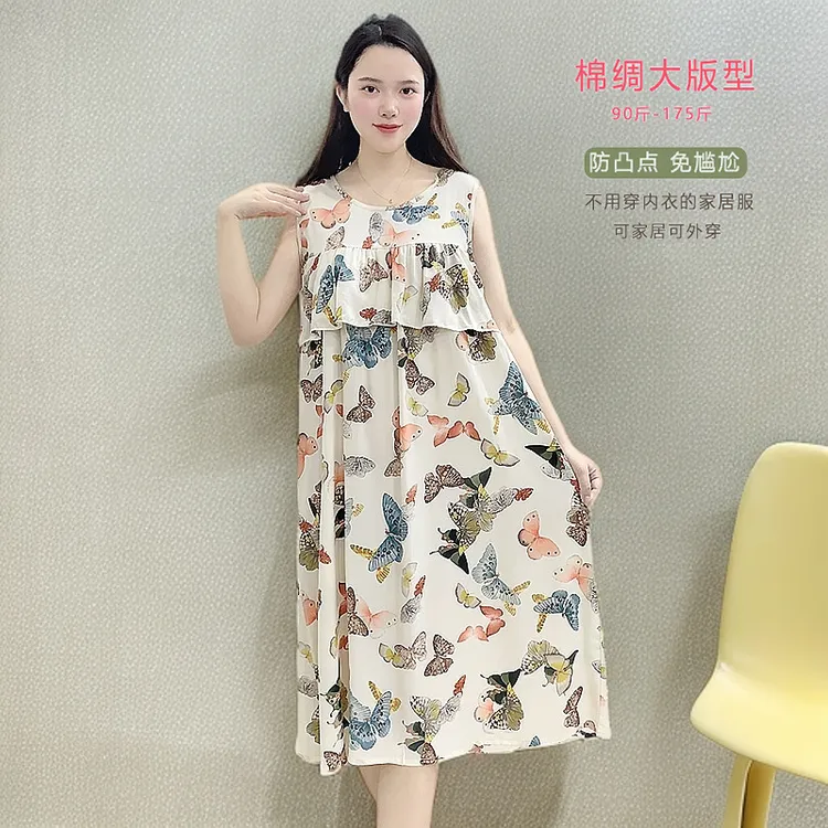 【无袖大版型防凸点】夏季薄款棉绸睡裙女士大码不带胸垫家居服Y113