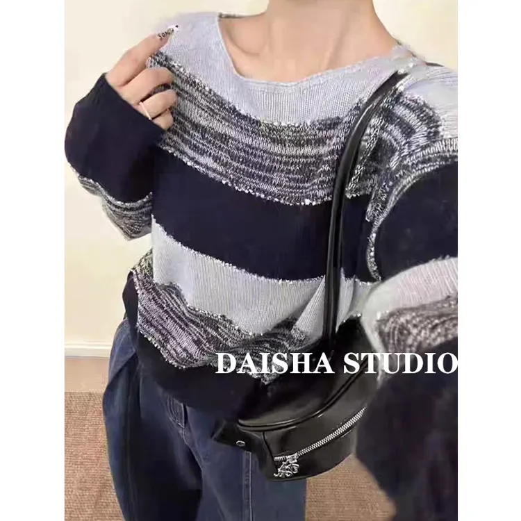 【摩卡奶泡】韩系慵懒风渐变撞色针织衫女早秋新款宽松显瘦百搭毛衣