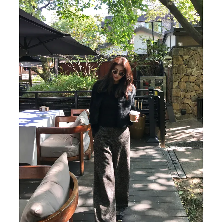 【ALONESAVOR】龍喜儿豹纹裤复古印花高腰羊毛直筒休闲裤Q866