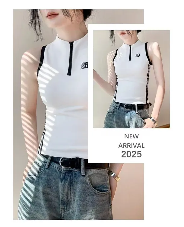 2025春夏新款内搭打底衫运动无袖上衣拉链立领背心女吊带背心内搭