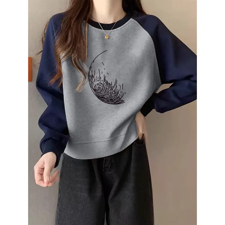 美式复古插肩长袖加绒卫衣女秋冬短款小个子宽松套头外套爆款上衣