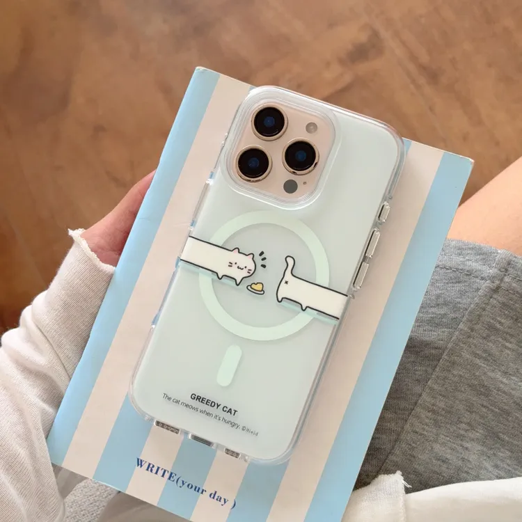 圆边气囊IMD工艺好奇觅食猫咪磁吸手机壳适用于苹果16ProMax防摔