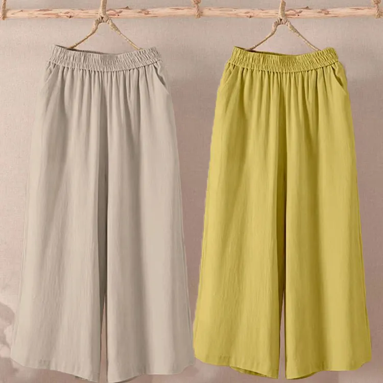 女装棉麻2024春夏秋季薄款多色阔腿裤高腰宽松大码九分裤休闲裤子