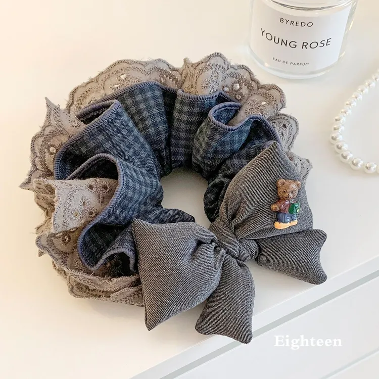 韩系灰色蕾丝蝴蝶结大肠发圈女高级感扎头发超大号百搭发饰头绳