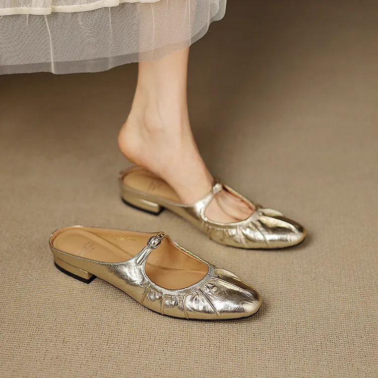 【米兰】羊皮2cm褶皱法式玛丽半拖鞋女夏外穿复古低跟懒人包头凉拖