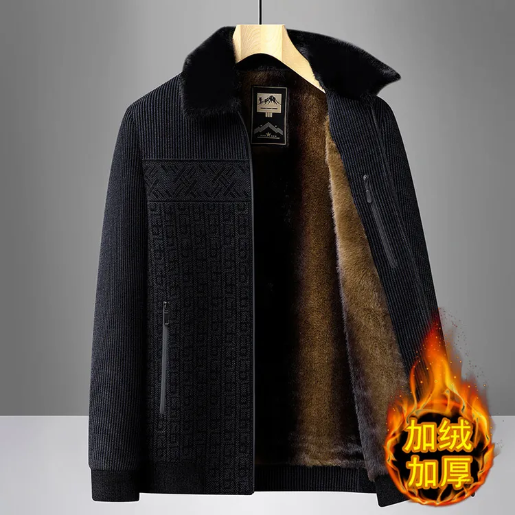 骏畅男装毛领款中老年男士加绒加厚雪尼尔棉衣爸爸装外套