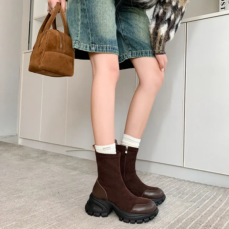 圆头厚底黑色弹力马丁靴女瘦瘦袜靴2025冬季爆款加绒短靴女靴