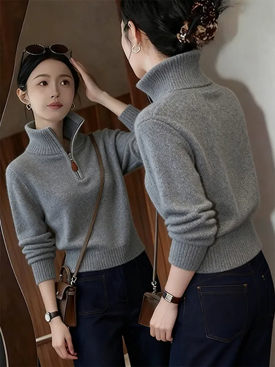 极简风灰色半拉链高领短款毛衣女2025新款小众不撞款针织上衣秋季