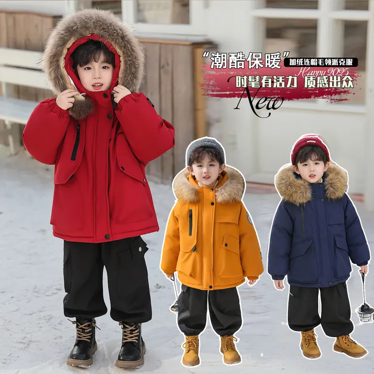男童加绒棉袄女童加厚派克服冬装2025新款中大童儿童时髦棉服外套